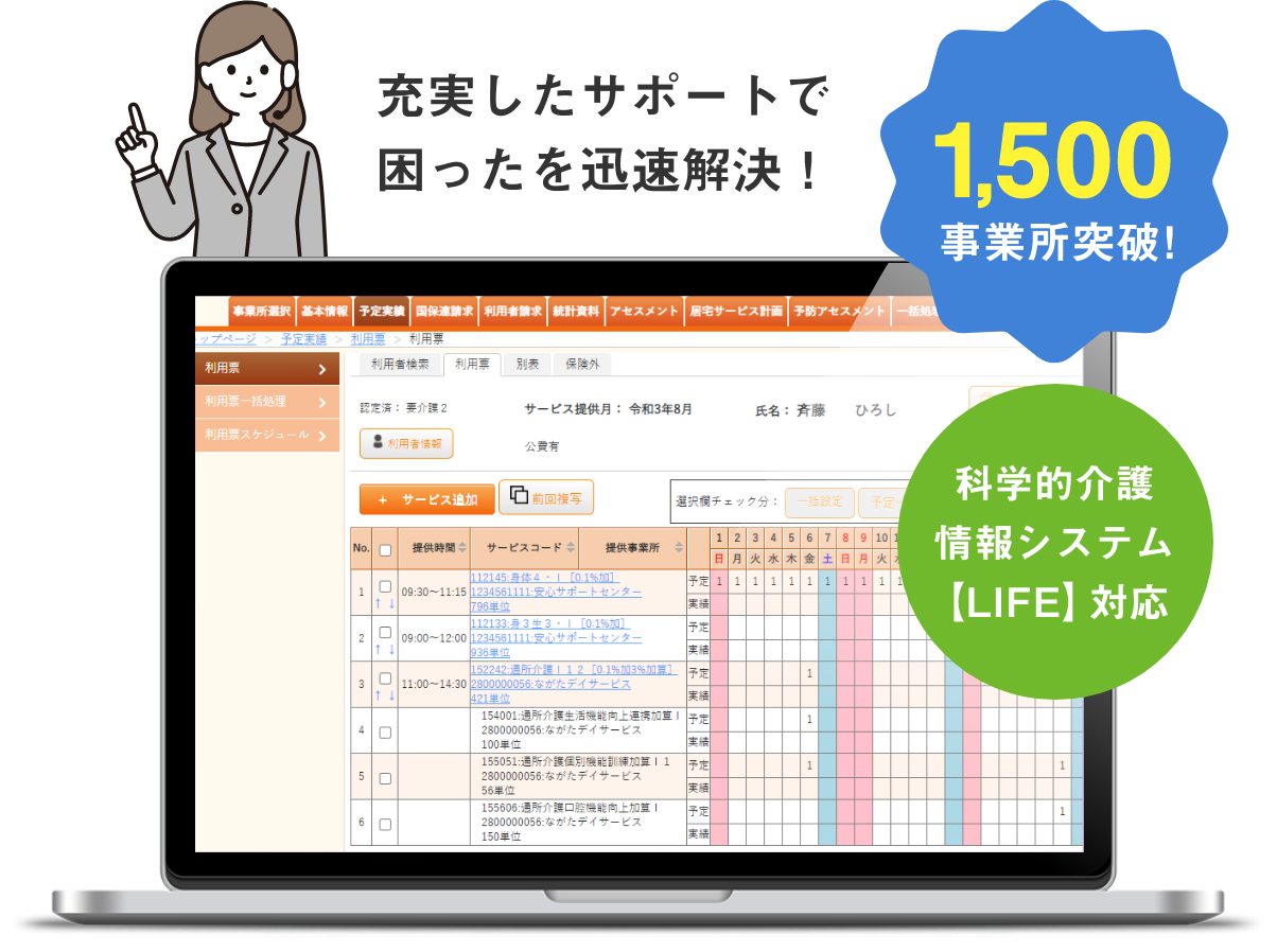 利用者1,500事業所突破、充実したサポートで困ったを迅速解決！